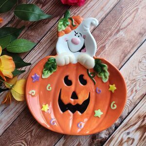 Vintage Ceramic Ghost Plate - HALLOWEEN DECOR  - Pottery PARTY JACK O LANTERN